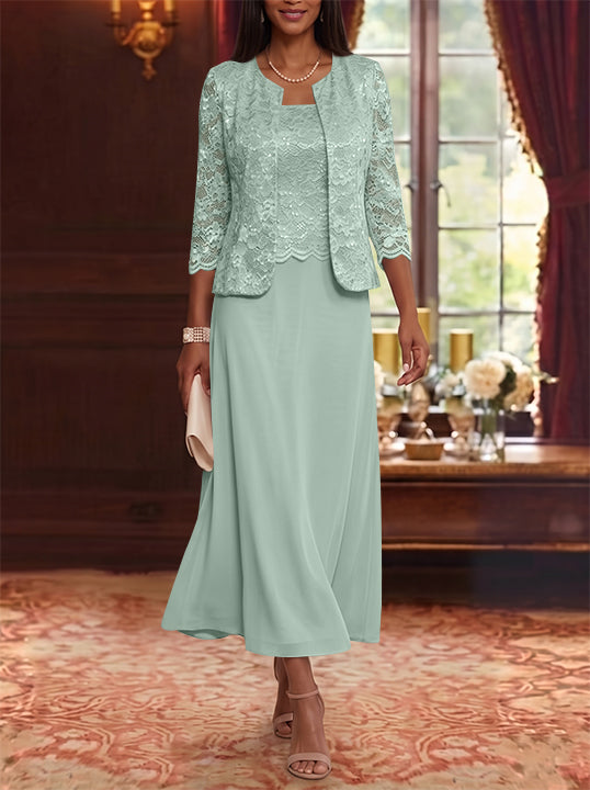 Robe Mère de la Mariée Ligne A/Princesse Florale en Mousseline à Col Rond Manches 3/4 Longueur Midi