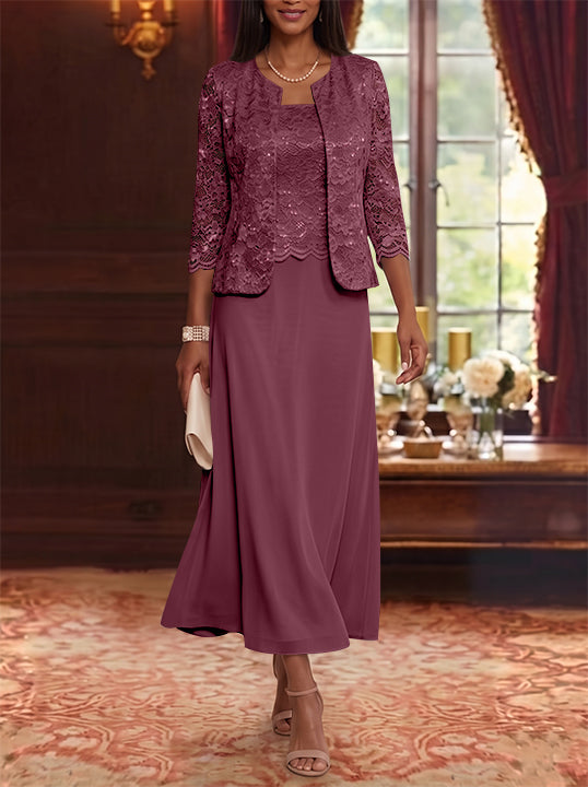 Robe Mère de la Mariée Ligne A/Princesse Florale en Mousseline à Col Rond Manches 3/4 Longueur Midi