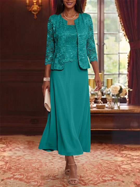 Robe Mère de la Mariée Ligne A/Princesse Florale en Mousseline à Col Rond Manches 3/4 Longueur Midi