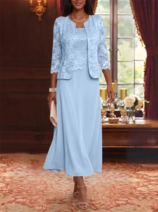 Robe Mère de la Mariée Ligne A/Princesse Florale en Mousseline à Col Rond Manches 3/4 Longueur Midi