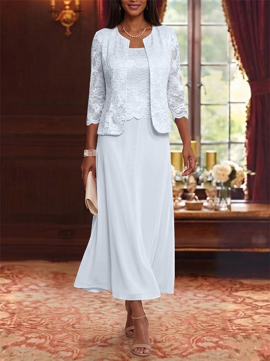 Robe Mère de la Mariée Ligne A/Princesse Florale en Mousseline à Col Rond Manches 3/4 Longueur Midi