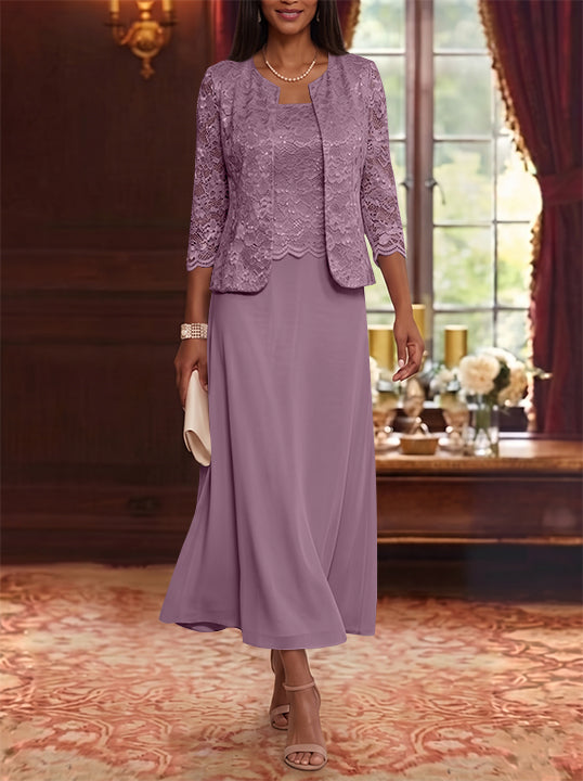 Robe Mère de la Mariée Ligne A/Princesse Florale en Mousseline à Col Rond Manches 3/4 Longueur Midi