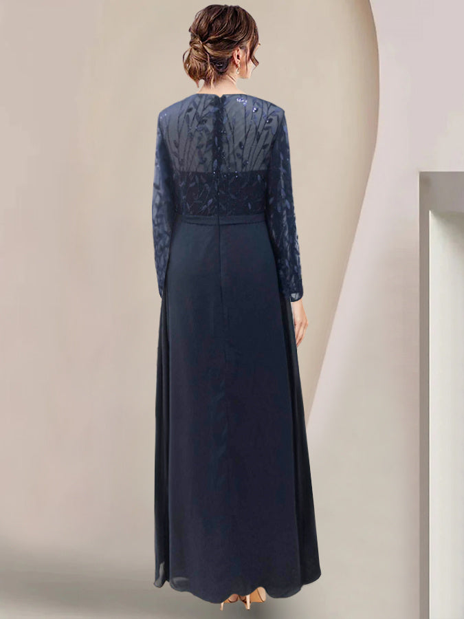 Robe de Mère de la Mariée Coupe A-Line/Princess à Manches Longues et Longueur Au Sol avec Fentes Latérales, Volants et Paillettes