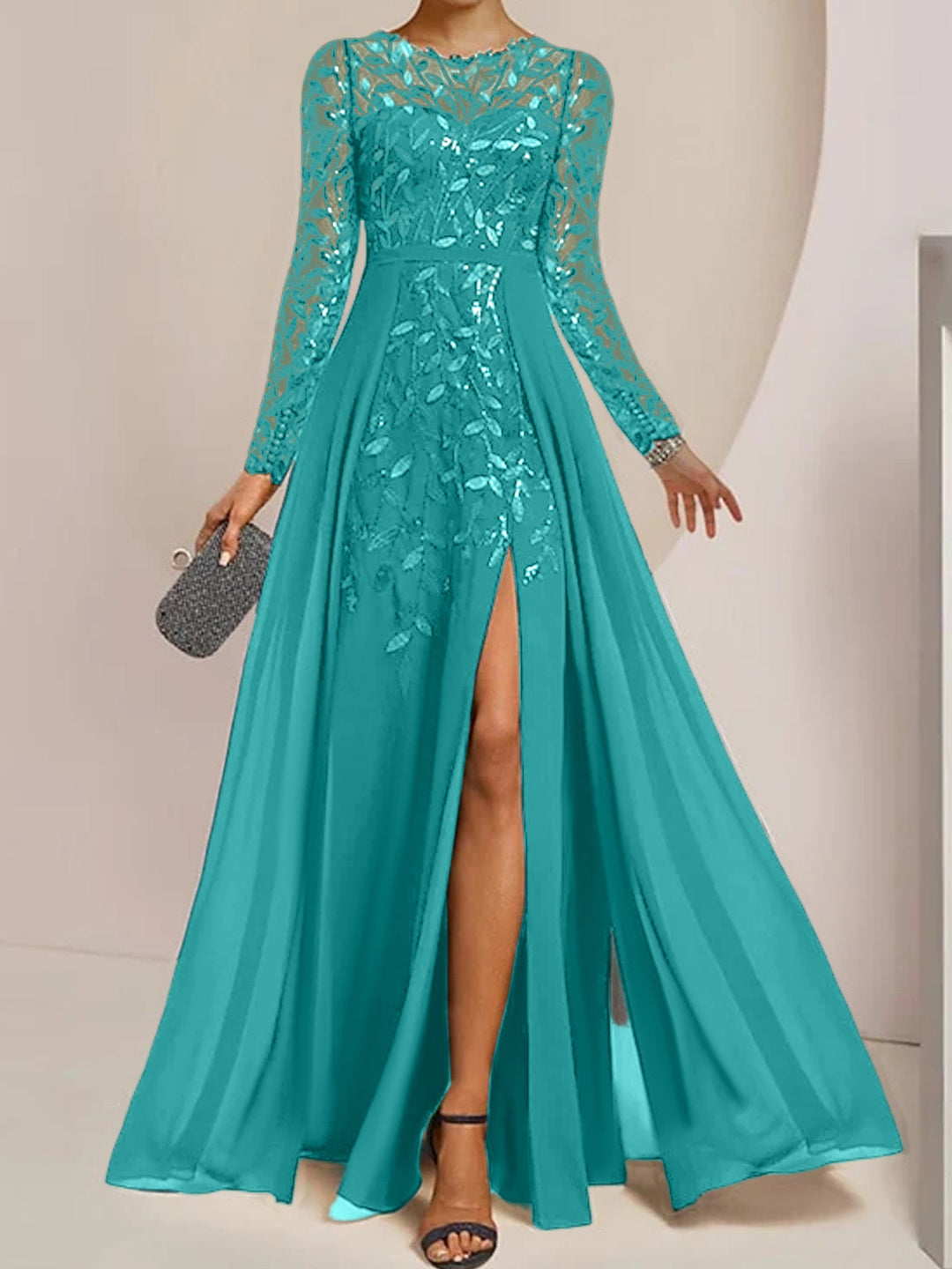 Robe de Mère de la Mariée Coupe A-Line/Princess à Manches Longues et Longueur Au Sol avec Fentes Latérales, Volants et Paillettes