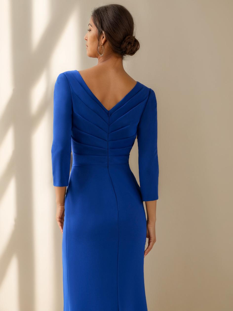 Robe de Mère de la Mariée Fourreau/Colonne à Col en V et Manches 3/4, Longueur Au Sol, avec Volants, Perles et Appliques