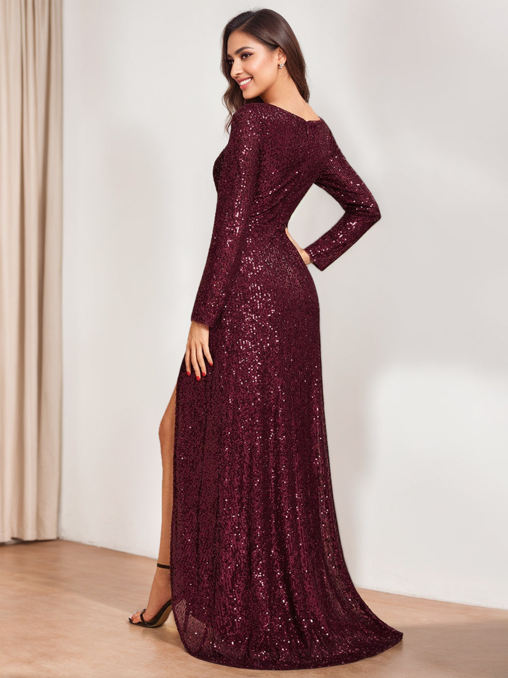 Robe de Soirée Asymétrique à Manches Longues et Col en V, Coupe A-Line/Princesse, avec Paillettes