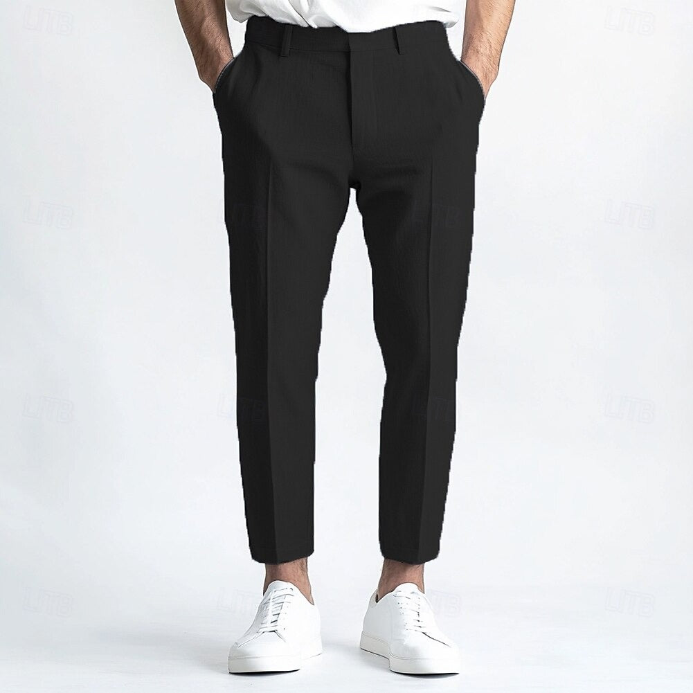 Pantalon homme lin, jambe droite, uni, respirant, décontracté, coupe standard