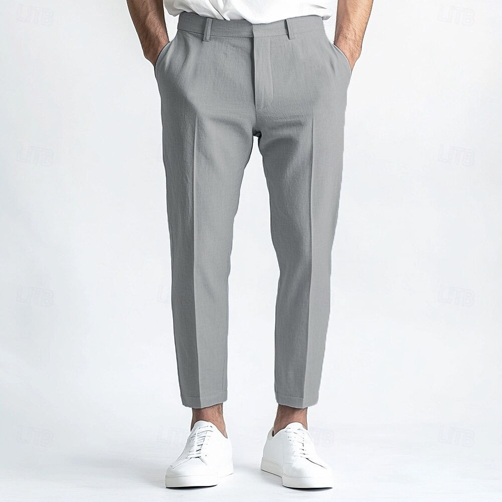 Pantalon homme lin, jambe droite, uni, respirant, décontracté, coupe standard