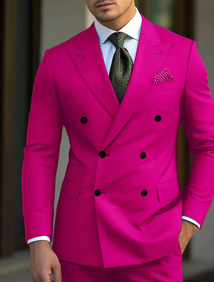 Costume de Mariage 2 Pièces Vert pour Homme, Coupe Ajustée, Croisé, Six Boutons, Couleur Unie