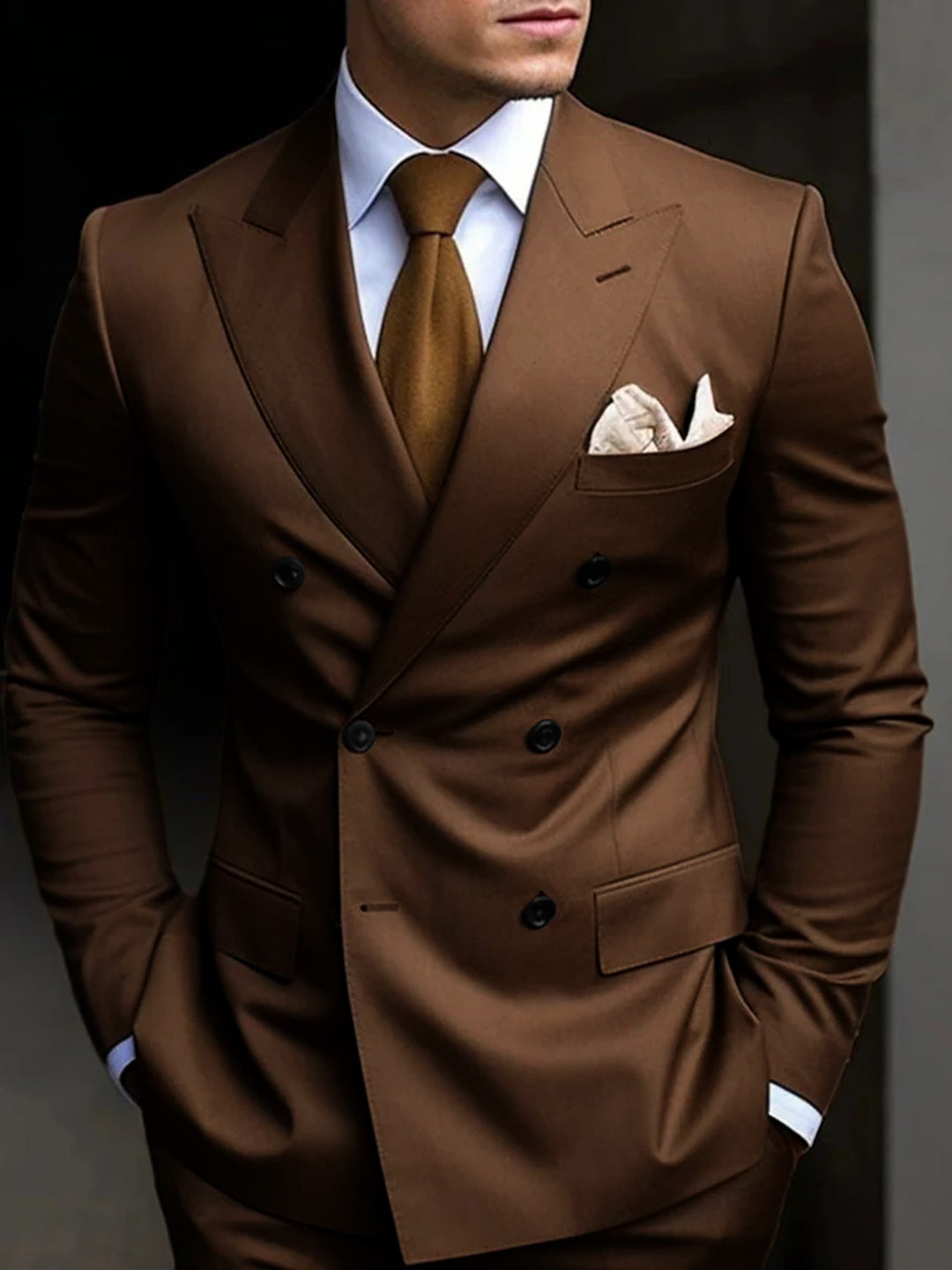 Costumes de Mariage 2 Pièces pour Hommes, Coupe Ajustée, Croisé, Six Boutons, Couleur Unie