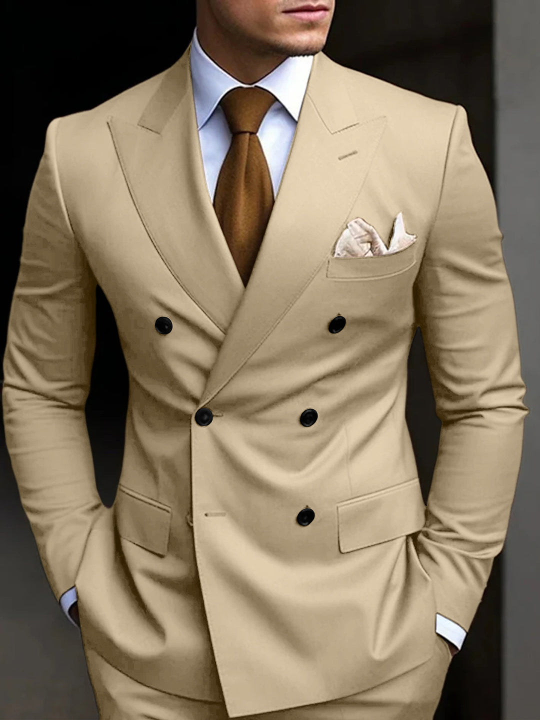 Costumes de Mariage 2 Pièces pour Hommes, Coupe Ajustée, Croisé, Six Boutons, Couleur Unie