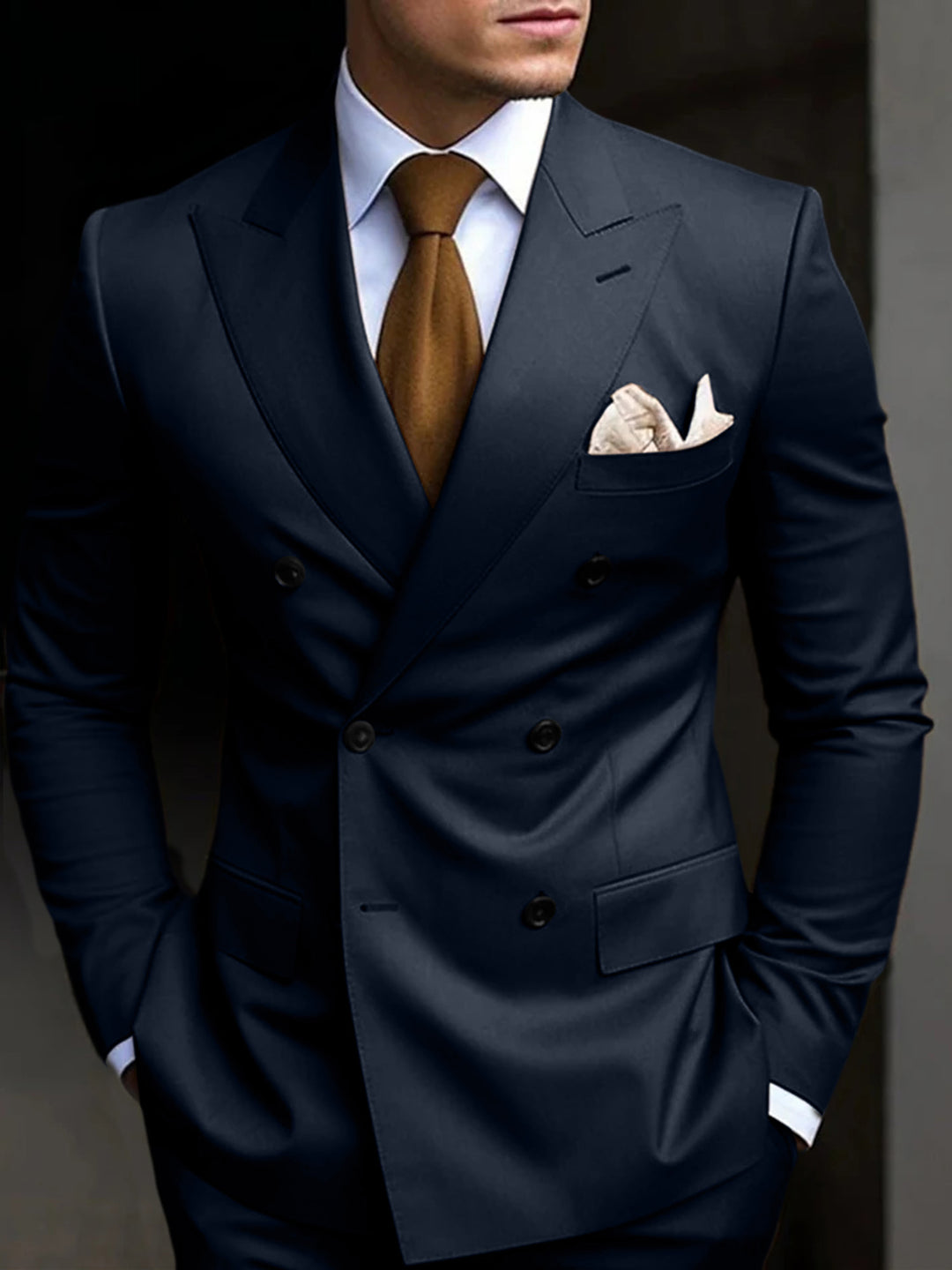 Costumes de Mariage 2 Pièces pour Hommes, Coupe Ajustée, Croisé, Six Boutons, Couleur Unie