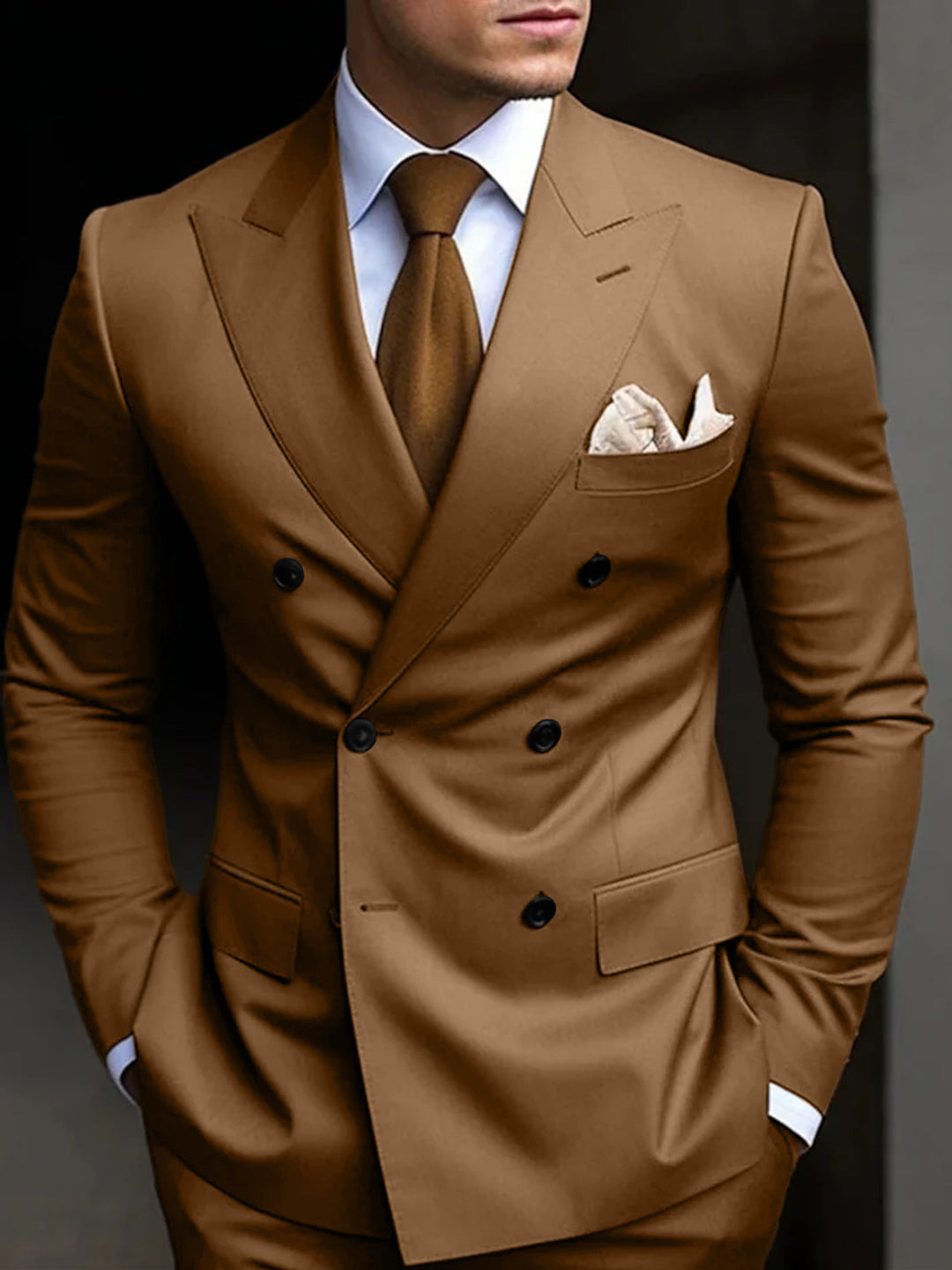 Costumes de Mariage 2 Pièces pour Hommes, Coupe Ajustée, Croisé, Six Boutons, Couleur Unie