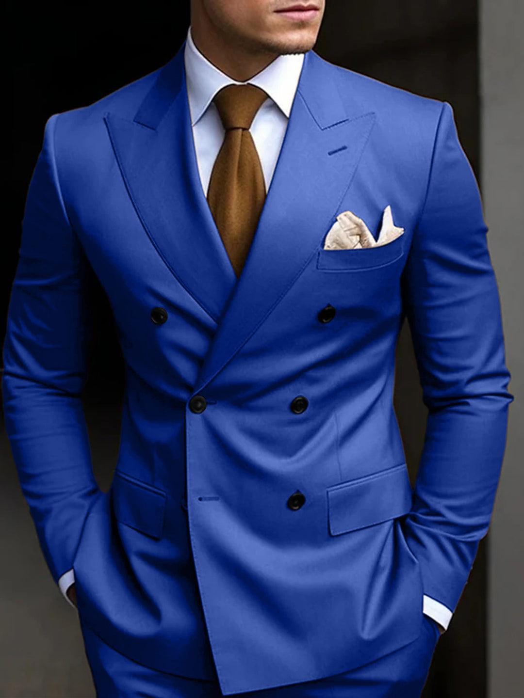 Costumes de Mariage 2 Pièces pour Hommes, Coupe Ajustée, Croisé, Six Boutons, Couleur Unie