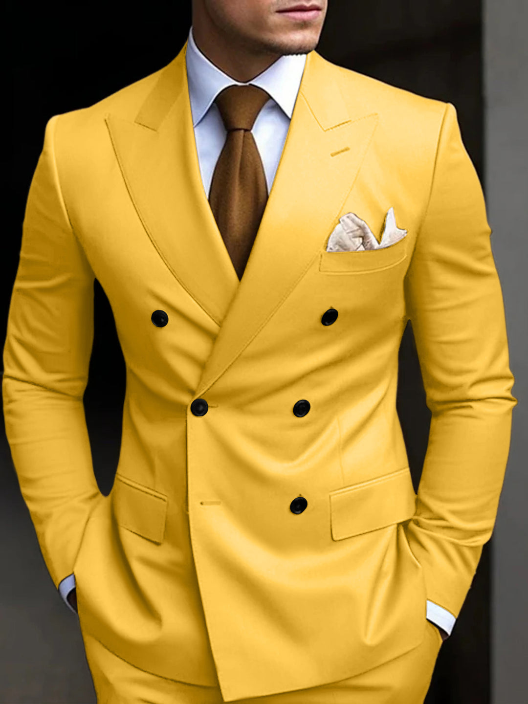 Costumes de Mariage 2 Pièces pour Hommes, Coupe Ajustée, Croisé, Six Boutons, Couleur Unie