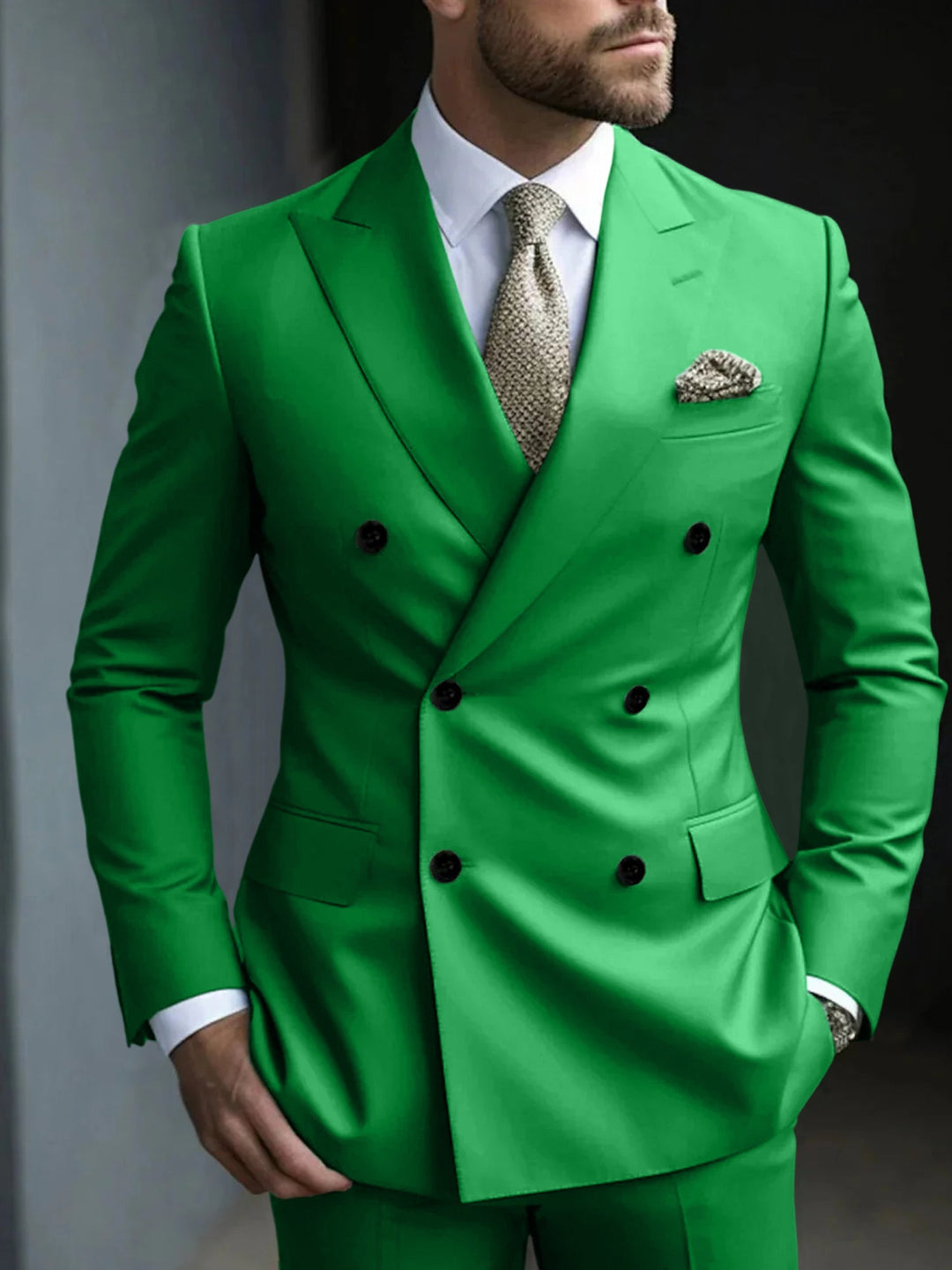 Costume de Soirée 2 Pièces Vert pour Homme, Coupe Ajustée, Couleur Unie, Croisé, à Six Boutons