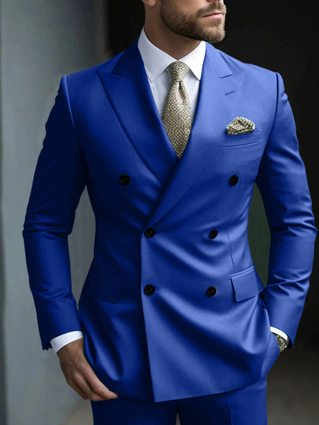 Costume de Soirée 2 Pièces Vert pour Homme, Coupe Ajustée, Couleur Unie, Croisé, à Six Boutons