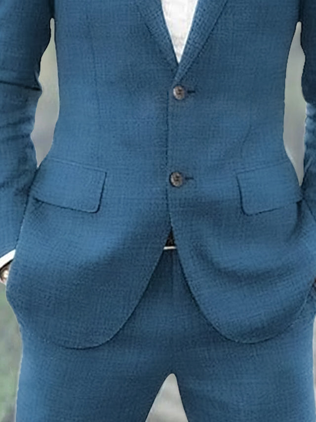 Costumes 2 Pièces en Lin de Couleur Unie à Simple Boutonnage et Deux Boutons pour Hommes, Coupe Ajustée