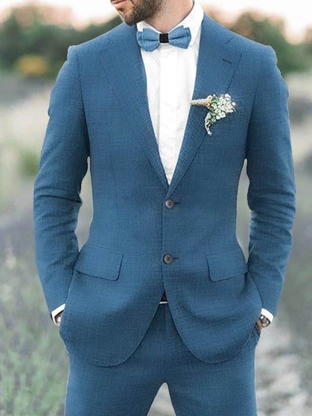 Costumes 2 Pièces en Lin de Couleur Unie à Simple Boutonnage et Deux Boutons pour Hommes, Coupe Ajustée