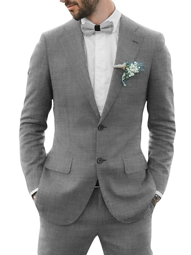 Costumes 2 Pièces en Lin de Couleur Unie à Simple Boutonnage et Deux Boutons pour Hommes, Coupe Ajustée