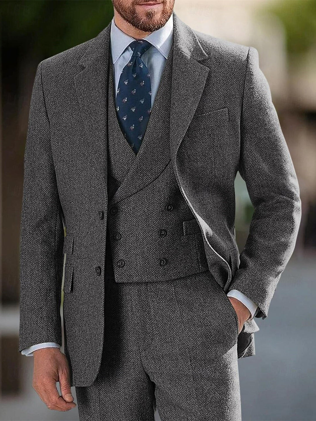 Costumes de Mariage 3 Pièces en Tweed à Deux Boutons et à Coupe Ajustée pour Hommes