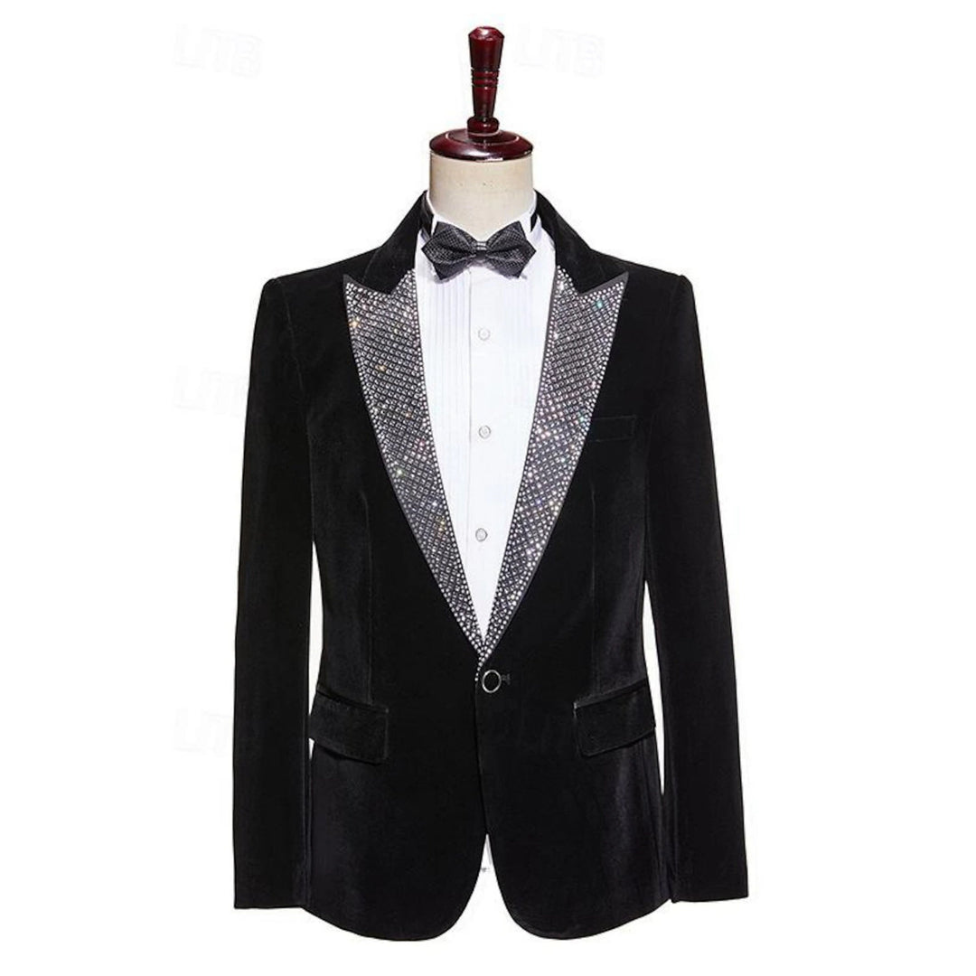 Costume de Mariage 2 Pièces pour Homme, Coupe Ajustée, Simple Boutonnage, Couleur Pure, Blazer à Paillettes en Velours