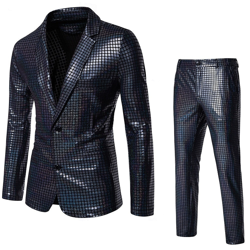 Costume homme 2 pièces, à carreaux, punk, mode, coupe standard, droit, 2 boutons, sequins, soirée/galas
