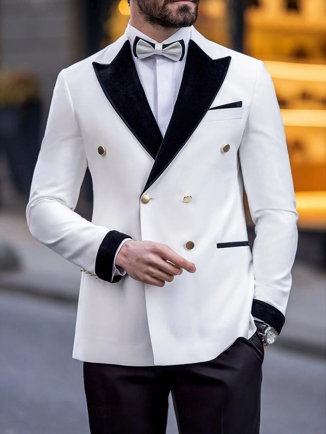 Costume homme 2 pièces blanc, color-block, luxueux, cérémonie, coupe ajustée, croisé, 6 boutons, pour mariage/galas