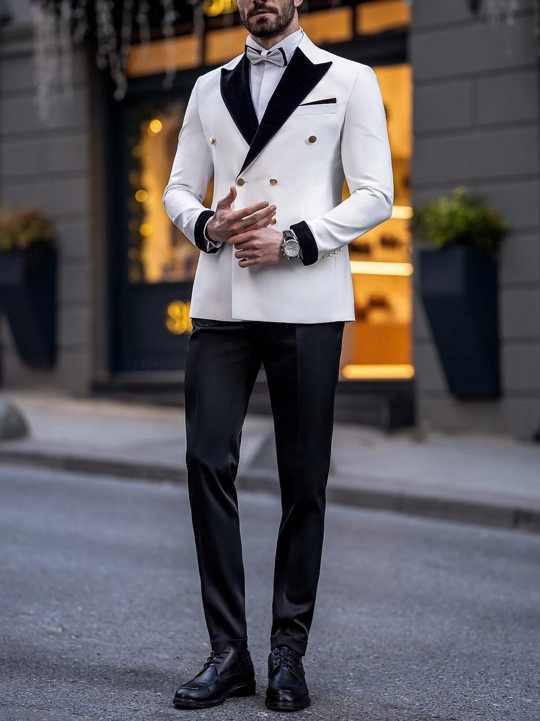 Costume homme 2 pièces blanc, color-block, luxueux, cérémonie, coupe ajustée, croisé, 6 boutons, pour mariage/galas