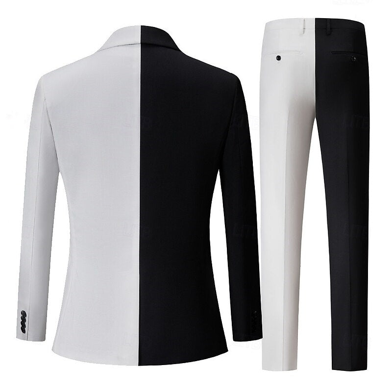 Costume homme 2 pièces noir et blanc, patchwork, punk, mode, coupe standard, droit, pour soirée/galas