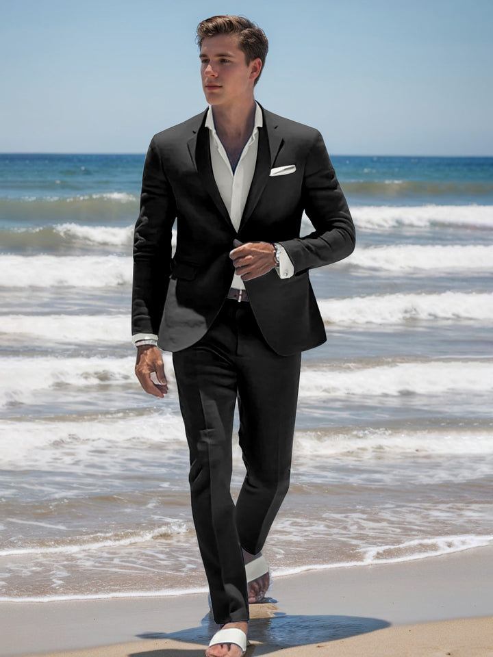 Costume homme deux pièces bleu ciel, coupe ajustée, simple boutonnage, 2 boutons, décontracté, pour mariage sur la plage