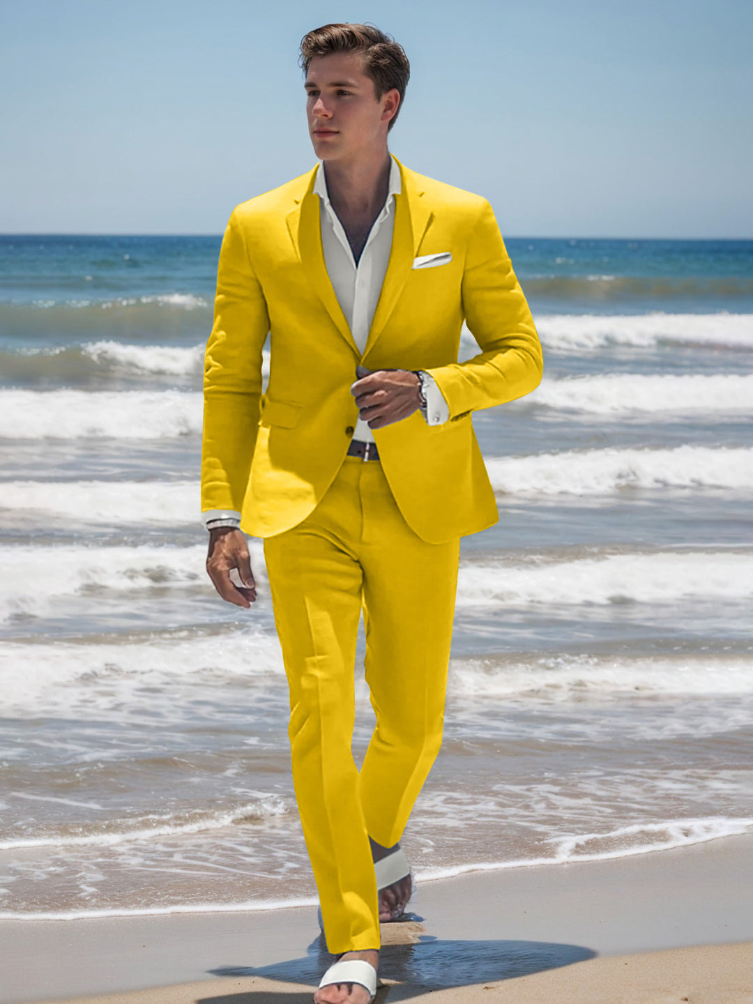 Costume homme deux pièces bleu ciel, coupe ajustée, simple boutonnage, 2 boutons, décontracté, pour mariage sur la plage