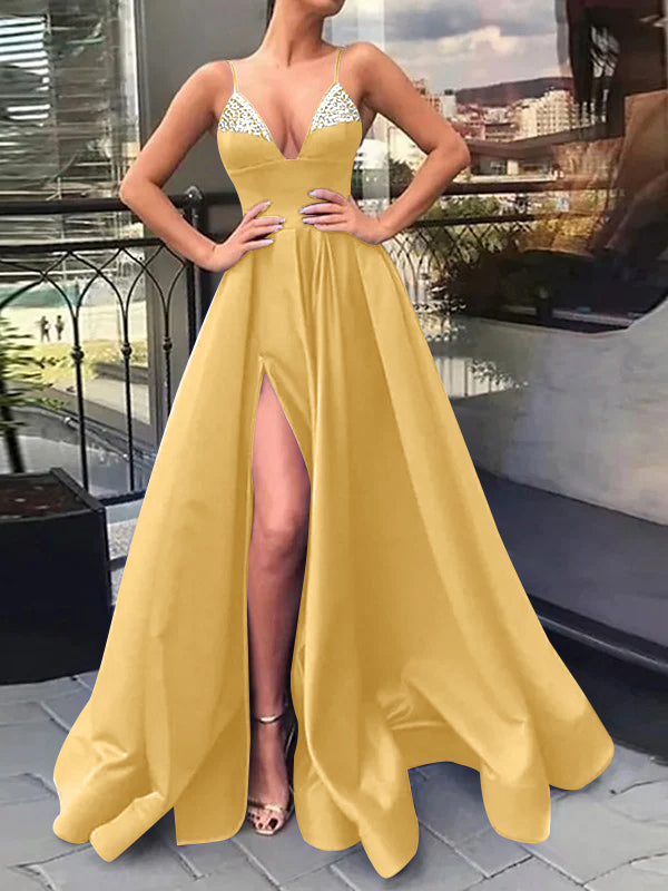 Robe de Bal Longue à Bretelles Spaghetti et Col en V, Coupe A-Line/Princesse, avec Fente Sur le Côté et Paillettes