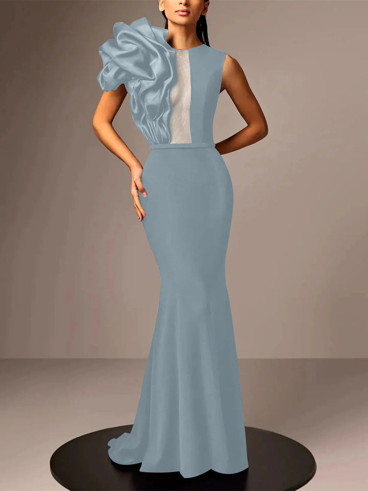 Robe de Soirée Sirène/Trompette en Satin Sans Manches avec Fleur