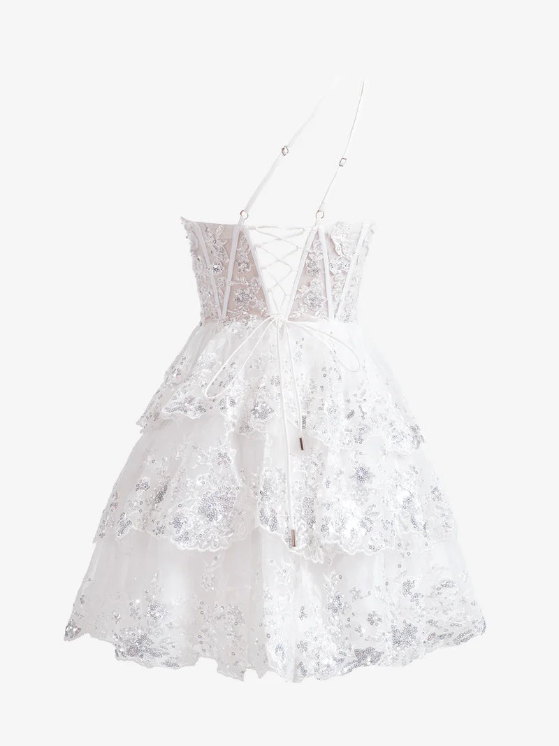 Robe de Soirée Courte/Mini Sans Manches à Une Épaule, Coupe A-Line/Princesse, Robe de Cocktail, de Bal, de Retour à la Maison, avec Paillettes