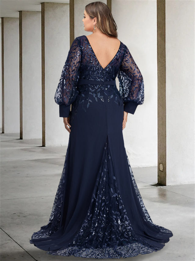 Robe de Mère de la Mariée Grande Taille à Col Rond et Manches Longues, Longueur Au Sol, Style Sirène/Trompette, avec Paillettes