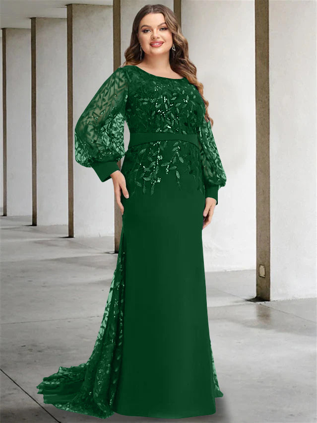 Robe de Mère de la Mariée Grande Taille à Col Rond et Manches Longues, Longueur Au Sol, Style Sirène/Trompette, avec Paillettes