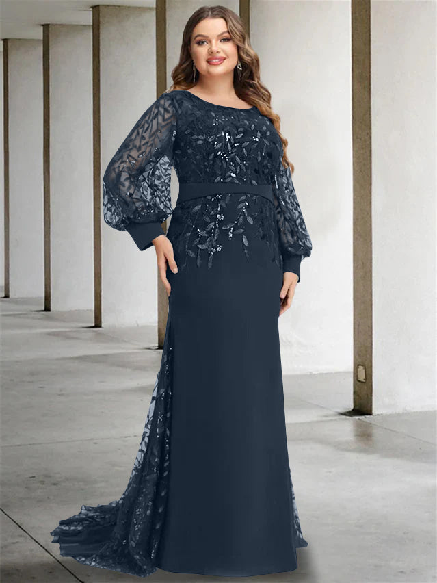 Robe de Mère de la Mariée Grande Taille à Col Rond et Manches Longues, Longueur Au Sol, Style Sirène/Trompette, avec Paillettes