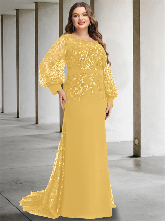 Robe de Mère de la Mariée Grande Taille à Col Rond et Manches Longues, Longueur Au Sol, Style Sirène/Trompette, avec Paillettes