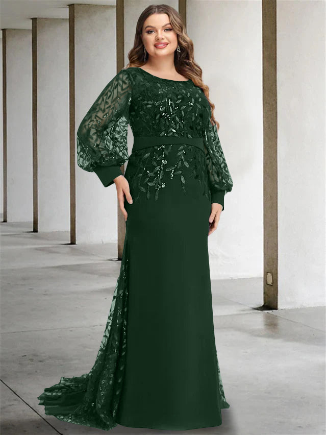 Robe de Mère de la Mariée Grande Taille à Col Rond et Manches Longues, Longueur Au Sol, Style Sirène/Trompette, avec Paillettes