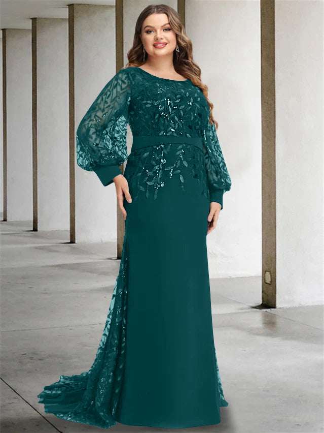 Robe de Mère de la Mariée Grande Taille à Col Rond et Manches Longues, Longueur Au Sol, Style Sirène/Trompette, avec Paillettes