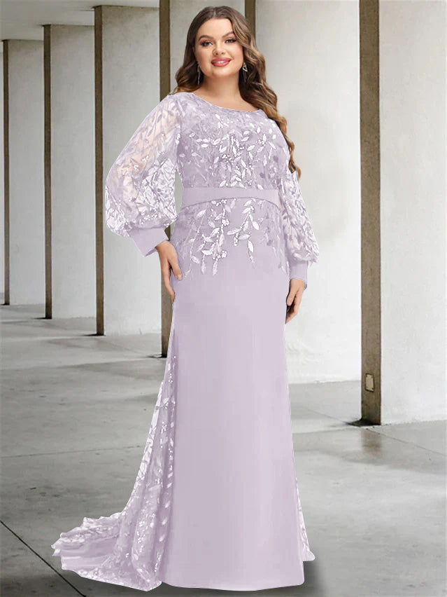 Robe de Mère de la Mariée Grande Taille à Col Rond et Manches Longues, Longueur Au Sol, Style Sirène/Trompette, avec Paillettes