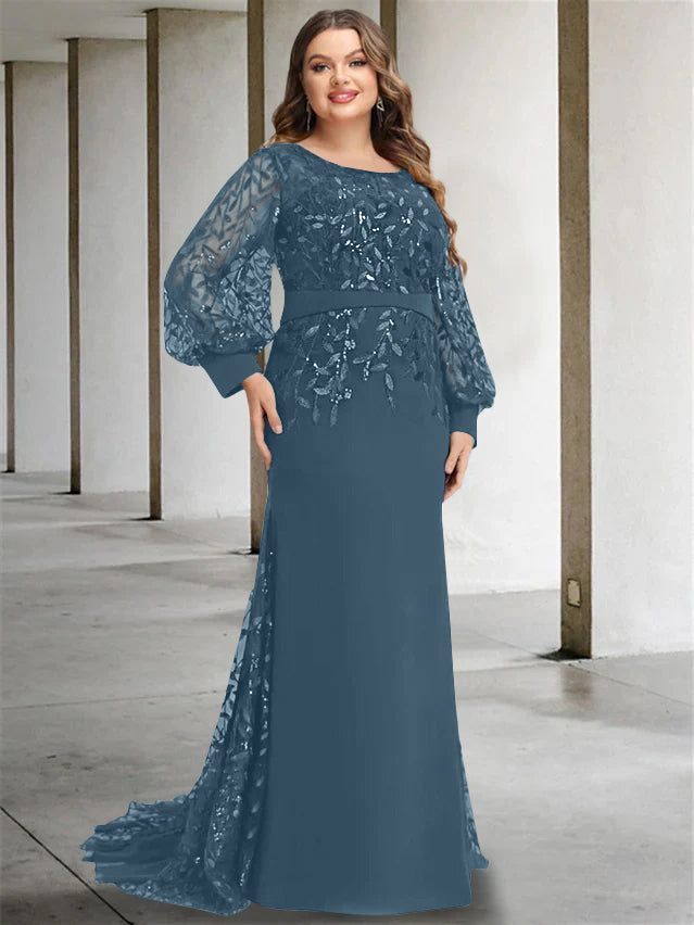 Robe de Mère de la Mariée Grande Taille à Col Rond et Manches Longues, Longueur Au Sol, Style Sirène/Trompette, avec Paillettes