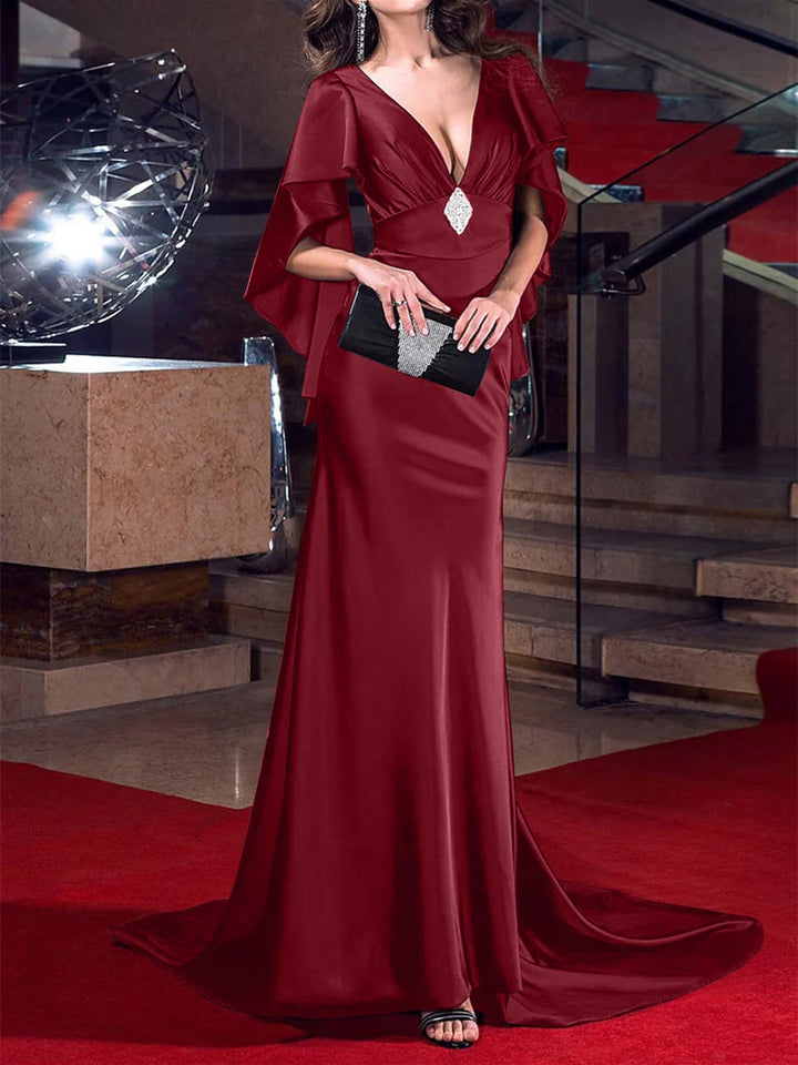 Robe de Soirée Sirène/Trompette à Décolleté Plongeant et Traîne Courte avec Cristaux