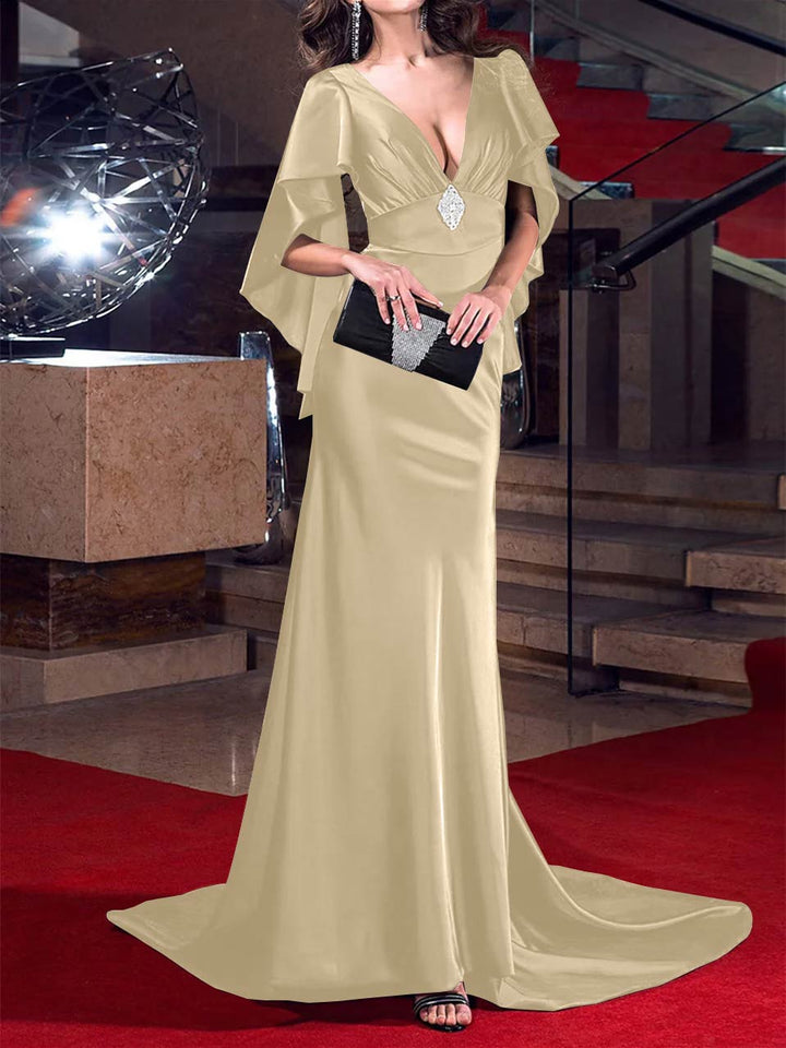 Robe de Soirée Sirène/Trompette à Décolleté Plongeant et Traîne Courte avec Cristaux