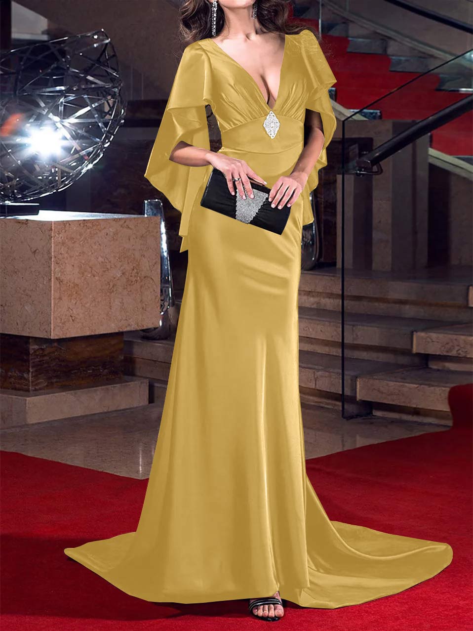 Robe de Soirée Sirène/Trompette à Décolleté Plongeant et Traîne Courte avec Cristaux