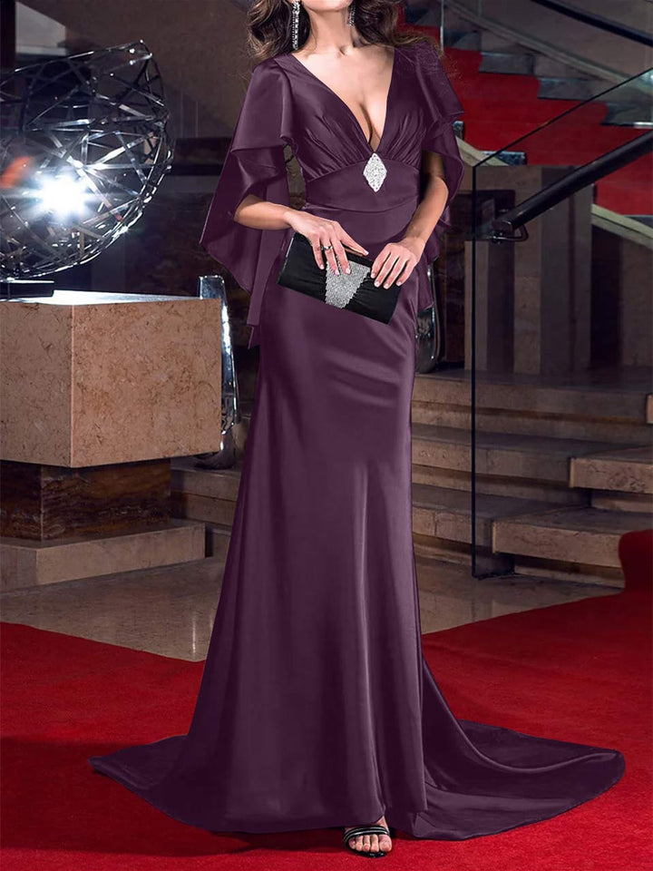 Robe de Soirée Sirène/Trompette à Décolleté Plongeant et Traîne Courte avec Cristaux