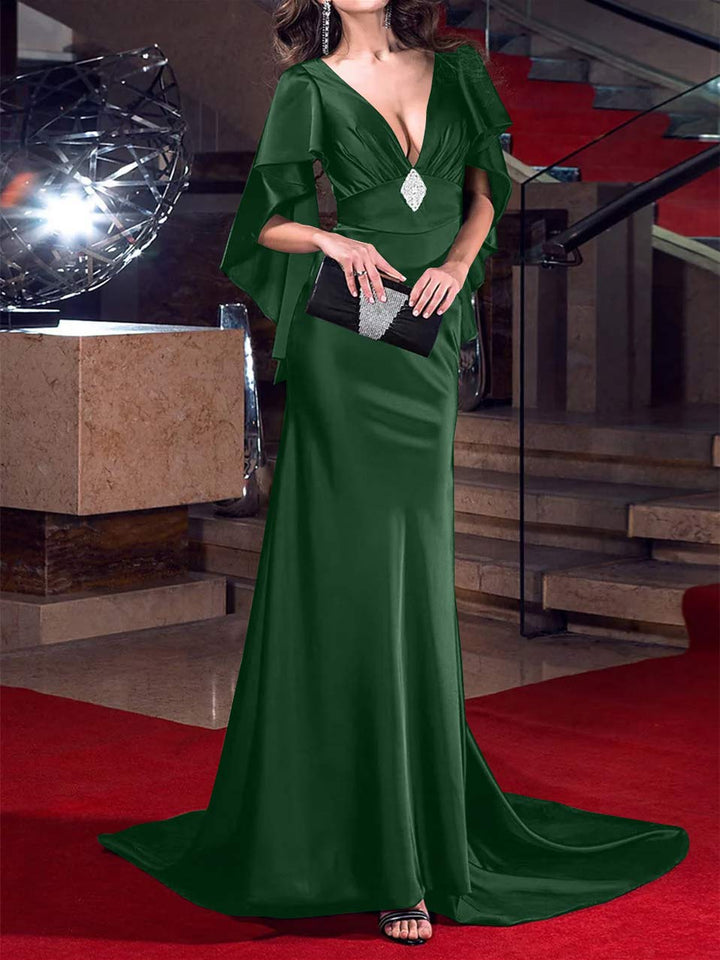 Robe de Soirée Sirène/Trompette à Décolleté Plongeant et Traîne Courte avec Cristaux