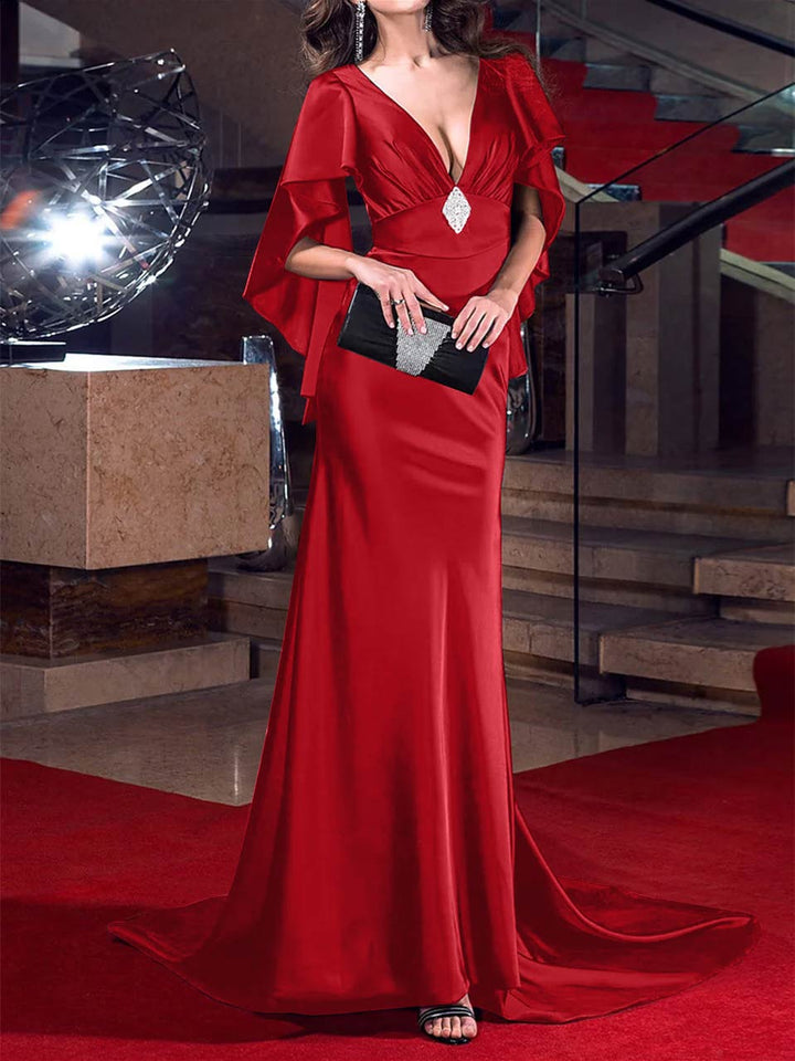 Robe de Soirée Sirène/Trompette à Décolleté Plongeant et Traîne Courte avec Cristaux