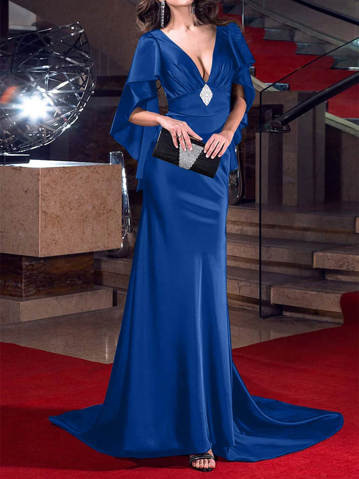 Robe de Soirée Sirène/Trompette à Décolleté Plongeant et Traîne Courte avec Cristaux